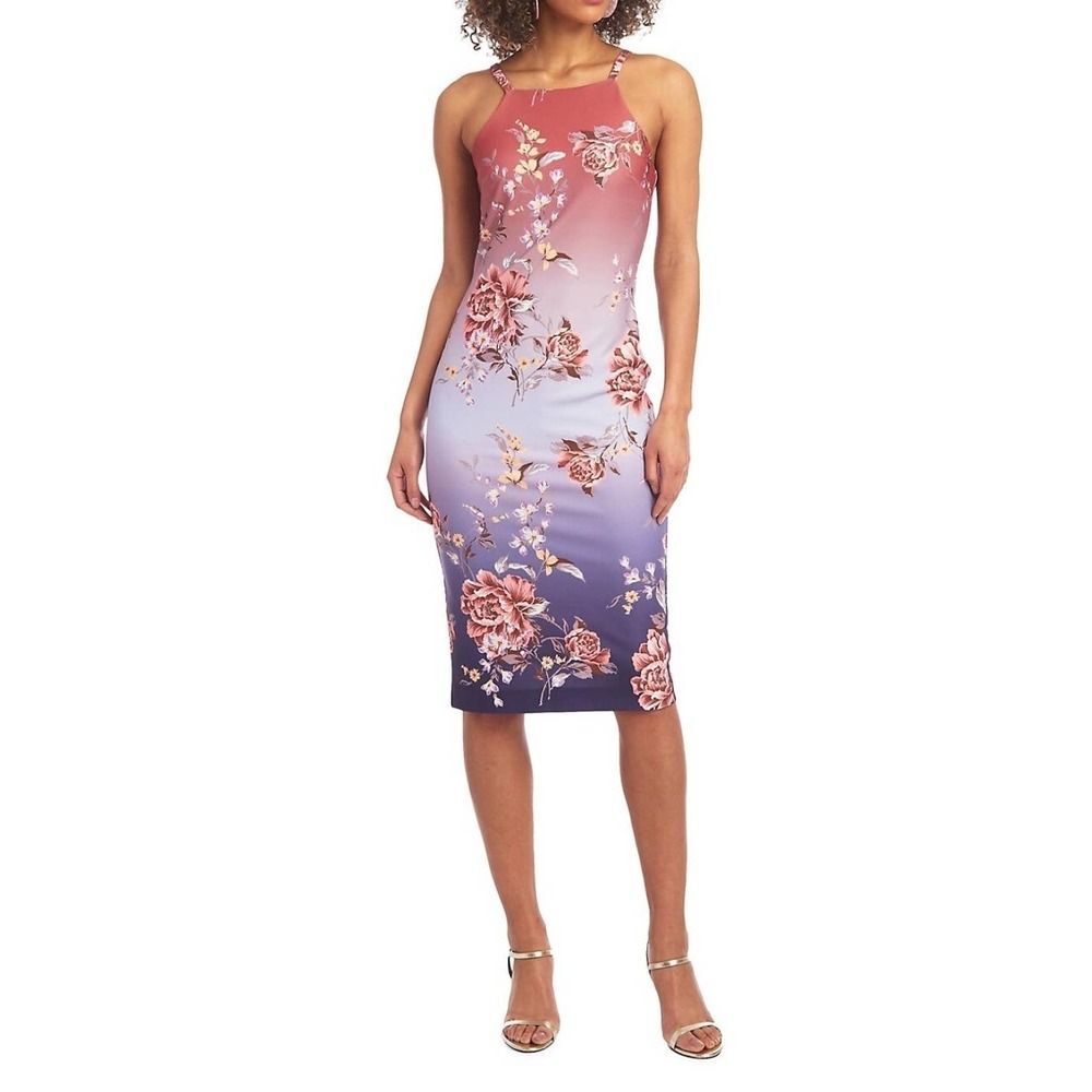 Rachel Roy Floral Ombre Sheath Midi Purple Blush Haze Combo Dress Size XL